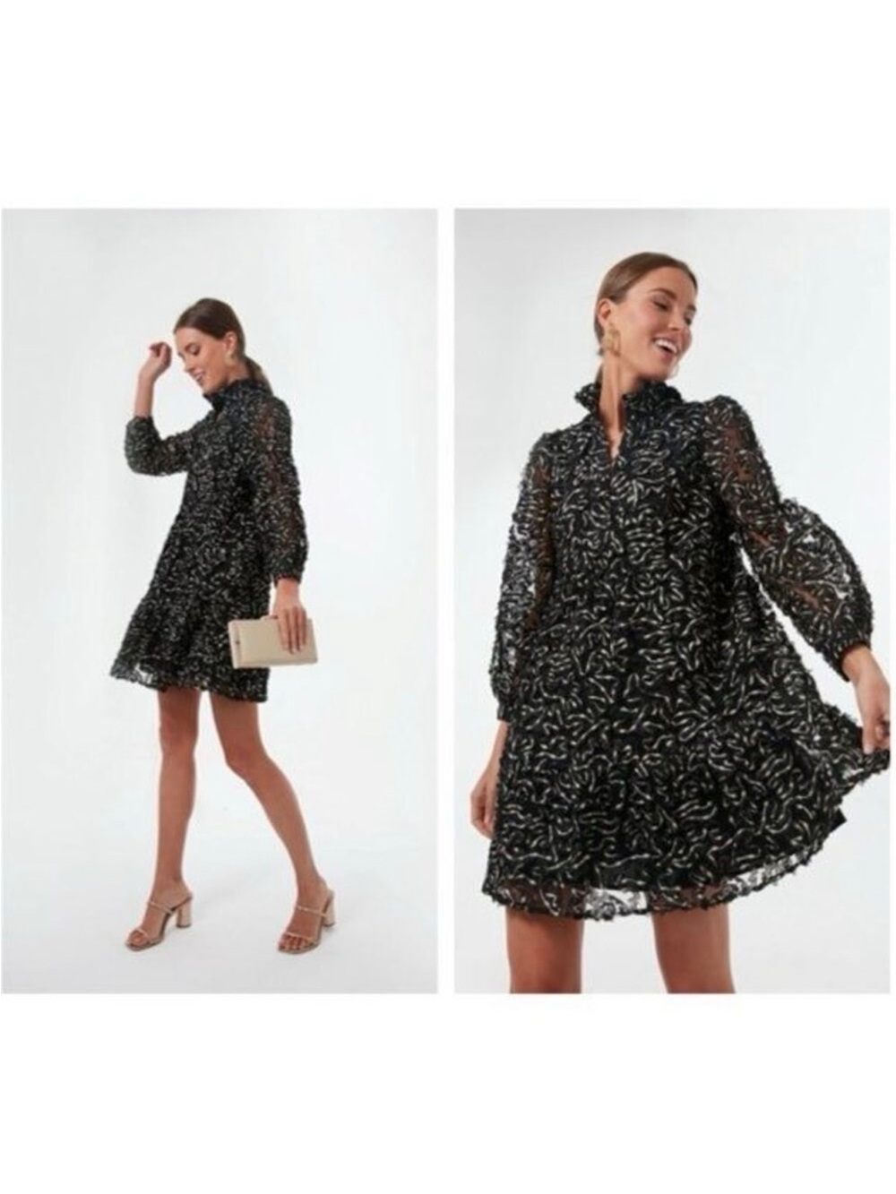 Cocktail Black Ruffle Neck Babydoll Dress with Gold Embroidery Overlay Details